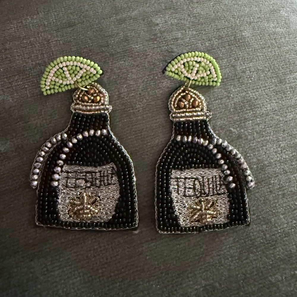 Tequila Bottle Beaded Earrings with Lime Accent